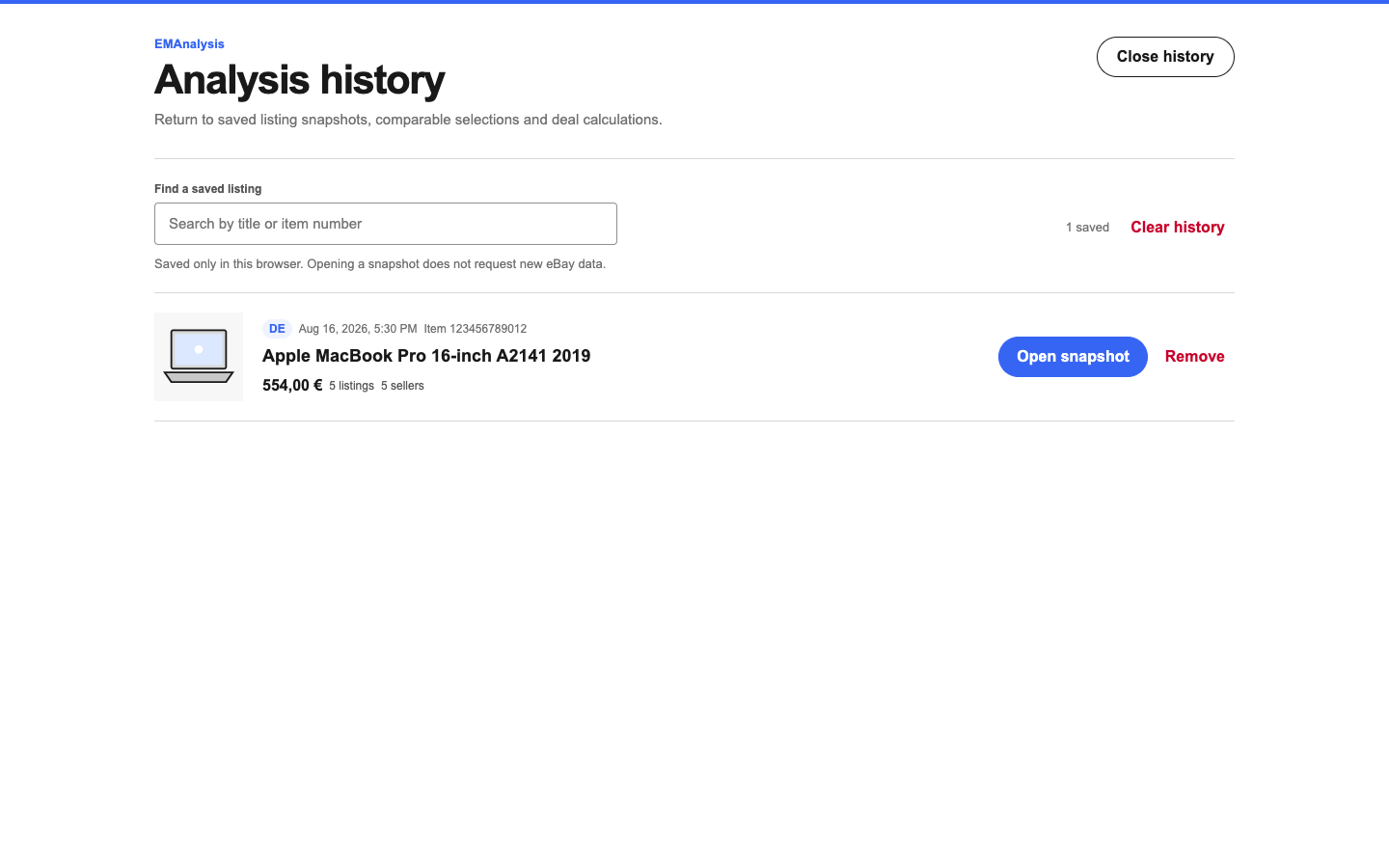 EMAnalysis history with a saved item, search field and actions