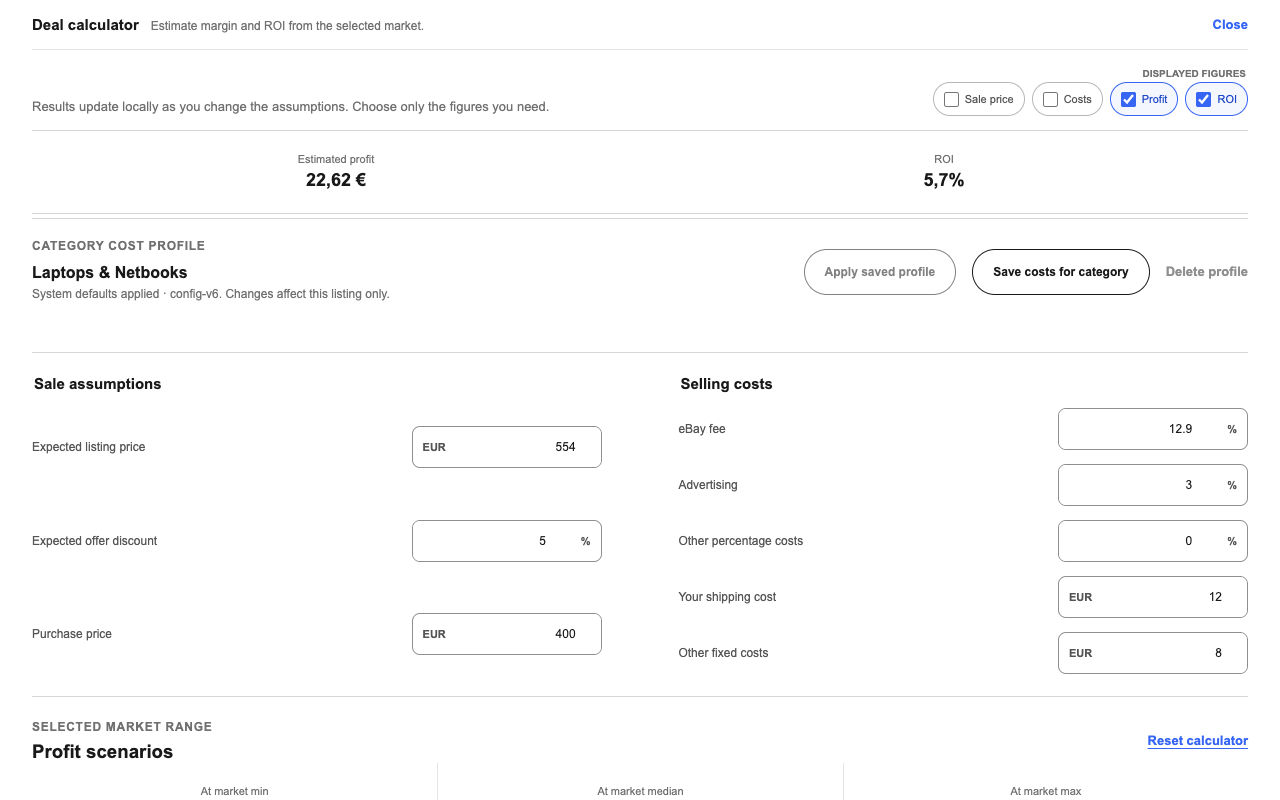 EMAnalysis deal calculator in English showing the sale price, costs, profit and ROI