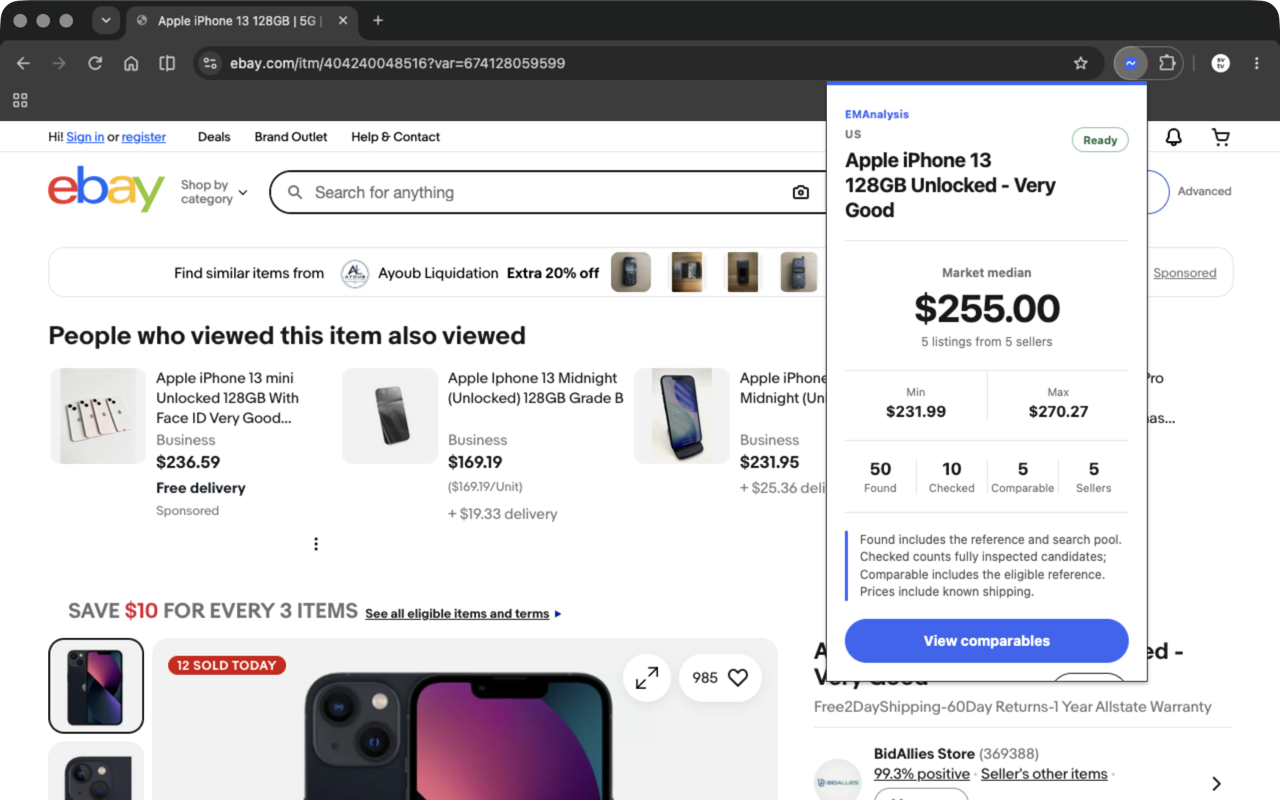EMAnalysis window showing prices from similar iPhone listings on eBay
